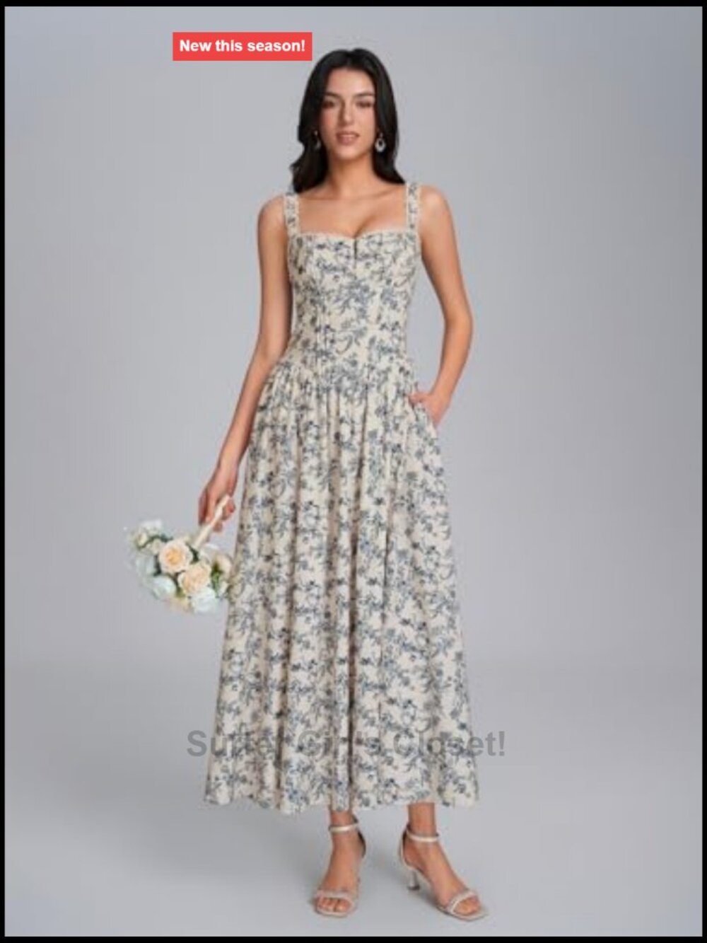 Women's Corset Midi Dress with Pockets Flowy Smocked Summer Wedding Guest - Picture 2 of 7
